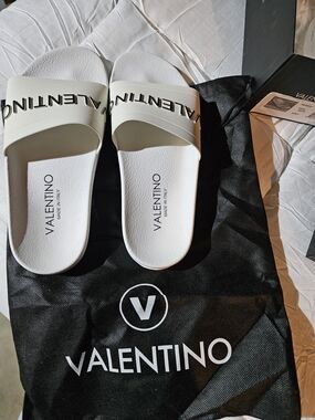 Valentino White Logo Slide Sandals